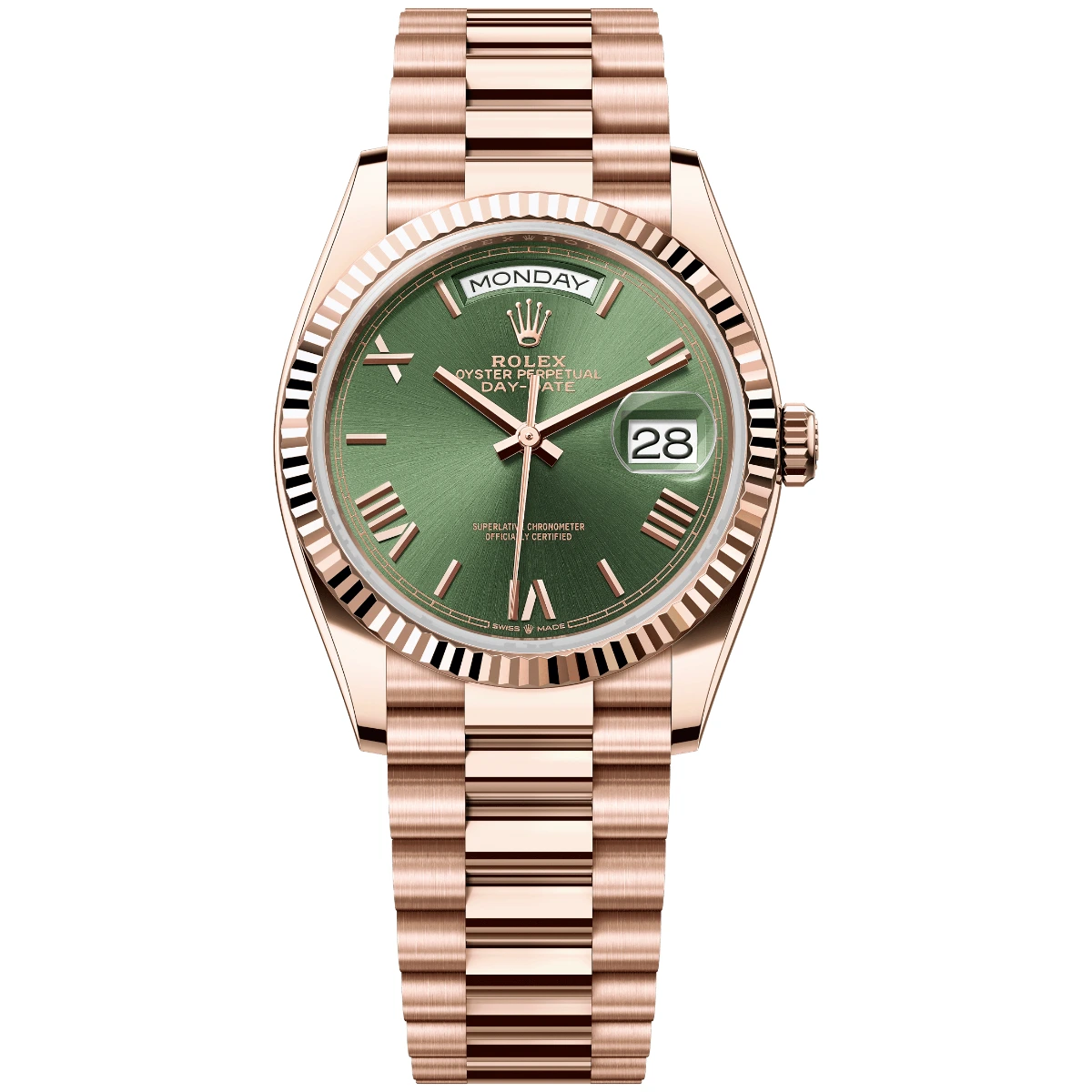Rolex Day-Date 36 Everose Gold Green Roman Dial, Ref. 128235 – pre-owned at Ilan Watches Dubai