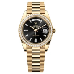 Rolex Day-Date 40 Yellow Gold Black Baguette Dial Diamond Bezel, Ref. 228348RBR – pre-owned at Ilan Watches Dubai