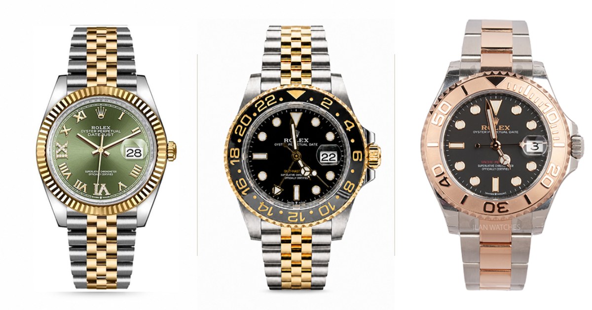 Two-tone Rolex watches: Datejust 36 steel and yellow gold, GMT-Master II steel and gold, Yacht-Master 37 steel and Everose gold