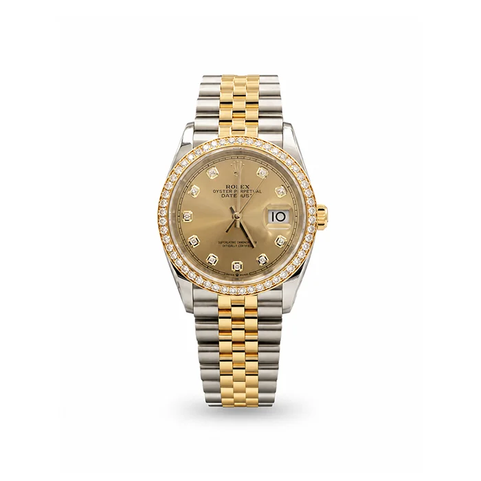 Rolex Datejust 36 Yellow Gold Diamond Bezel Champagne Diamond Dial